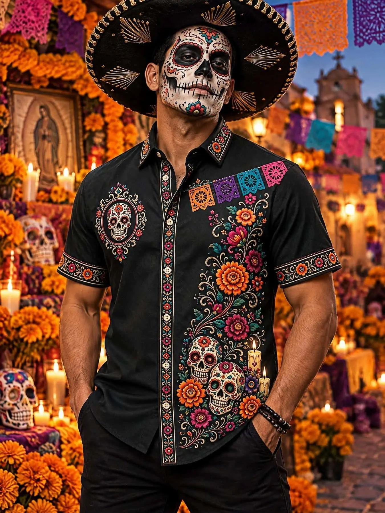 Kemeja Pria Lengan Pendek Berkerah Motif Día de los Muertos Meksiko, Tengkorak, Bunga Daisy, Lilin dan Bendera Warna-warni untuk Festival dan Pesta Halloween