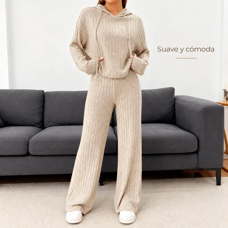 Conjunto Casual de Tejido Acanalado Sudadera Corta con Capucha y Cordón Pantalones Anchos Favorecedores para Paseos Urbanos y Compras Rápidas
