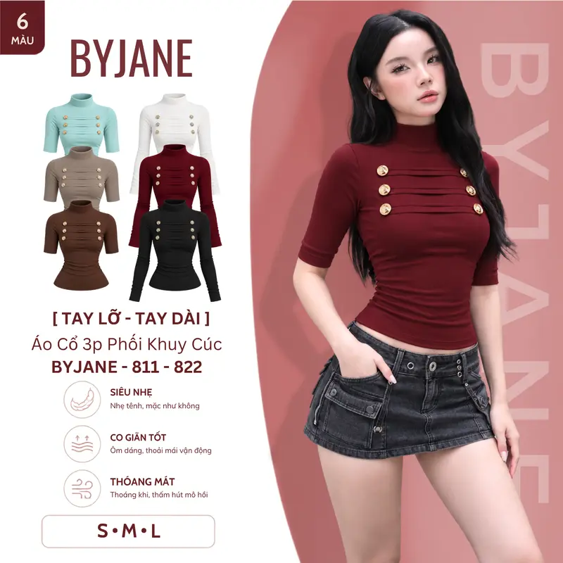 T-shirt femme ajusté BYJANE 811-822, manches mi-longues ou longues, col montant 3 cm à boutons, jersey doux et extensible