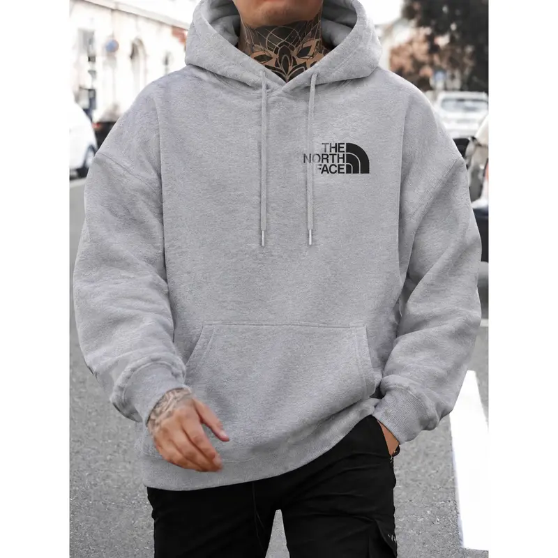 Men's Heather Gray Fleece-Lined Streetwear Hoodie with Logo and Kangaroo Pocket