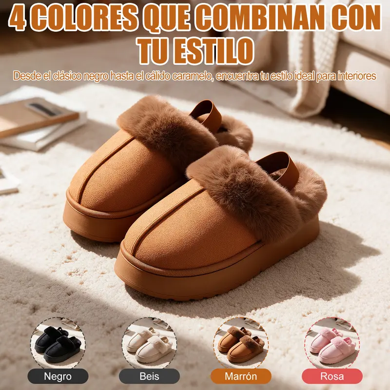 GlamourGrip Pantuflas plataforma de peluche mujer, zapatillas cálidas de invierno para casa, chanclas antideslizantes con correa trasera, estilo minimalista, 4 colores para el hogar