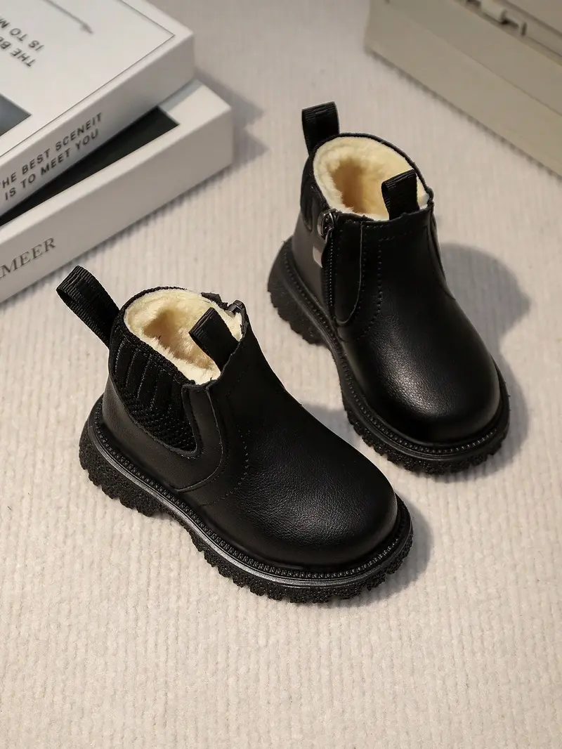 1 Pair of Unisex Children's British-Style Winter Ankle Boots with PU Uppers, Soft Soles and Lightweight Warm Lining for Toddlers