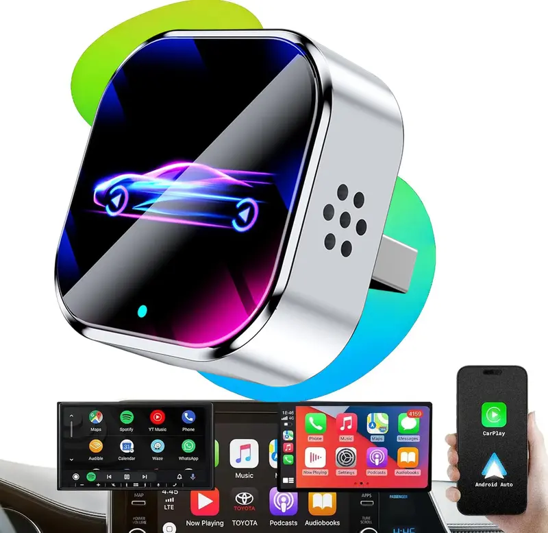 Adaptador Inalámbrico CarPlay y Android Auto 2 en 1, Mini Adaptador USB y USB-C Plug and Play para Autos con CarPlay de Fábrica