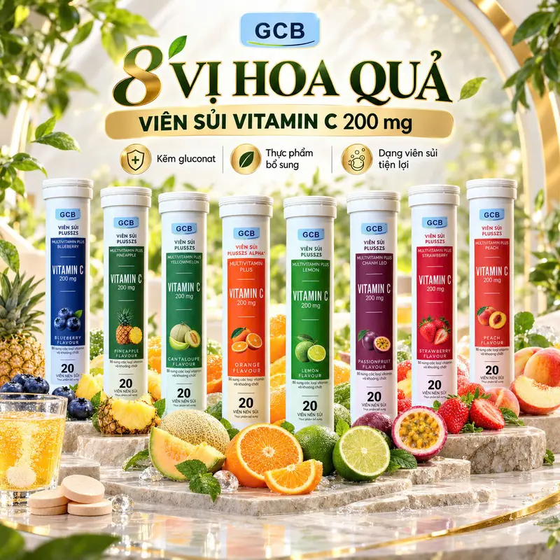 [CÓ KIỂM NGHIỆM] Viên sủi VC 200mg+kẽm, Kích thích hệ thống miễn dịch , Hương hoa quả 8 vị