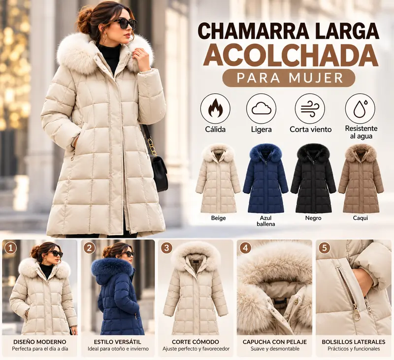 Vivaya Women's Long Quilted Winter Coat with Faux Fur Hood, Front Zip and Side Pockets